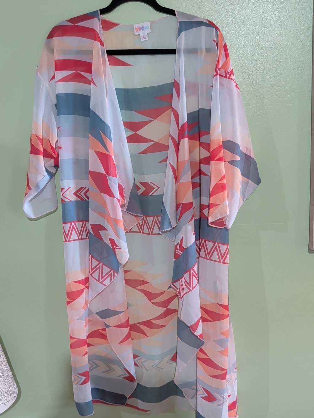 LuLaRoe Shirley Lightweight Sheer Kimono in Coral, Blue & White
